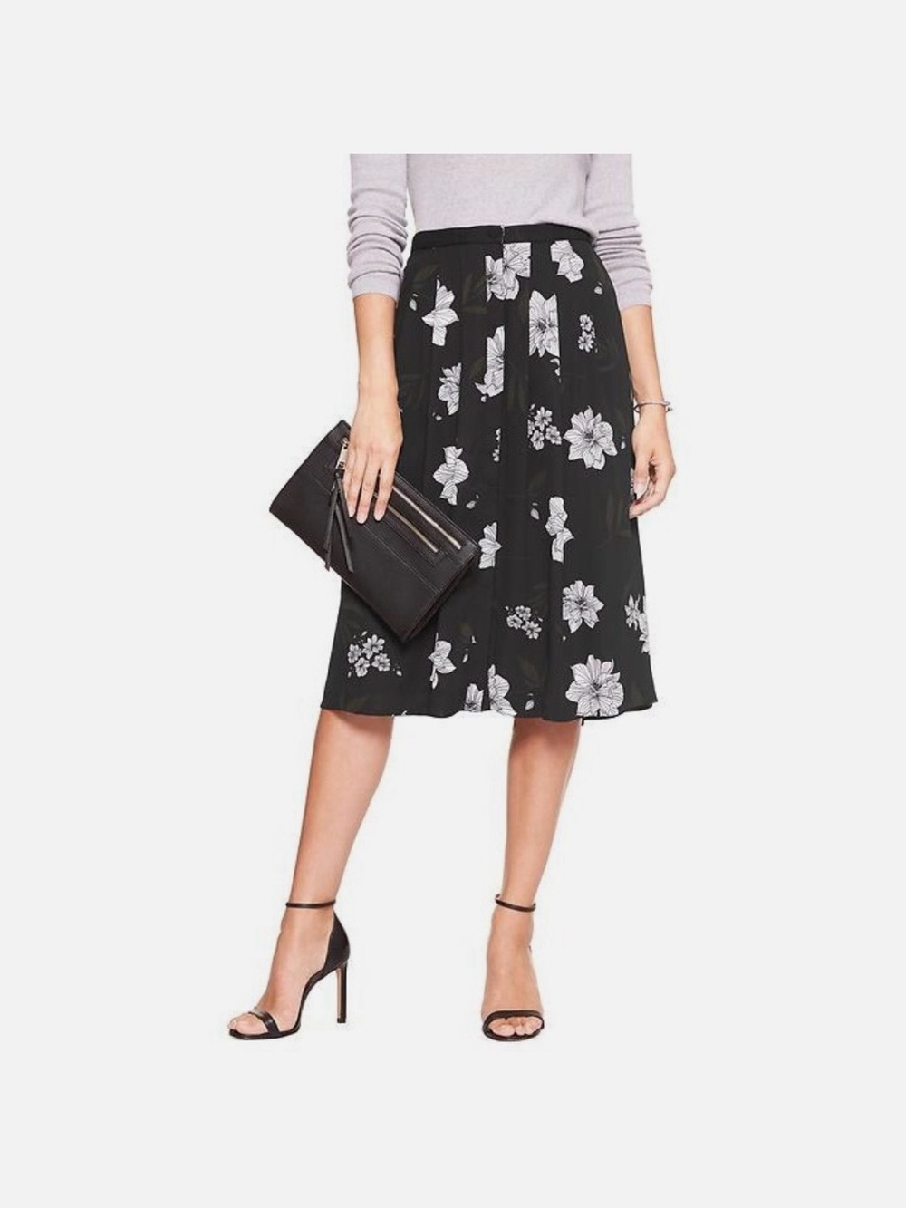 Banana Republic Black Midi Skirt with White Floral Print